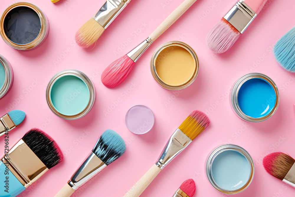 a group of paint brushes and jars of paint a group of paint brushes and jars of paint