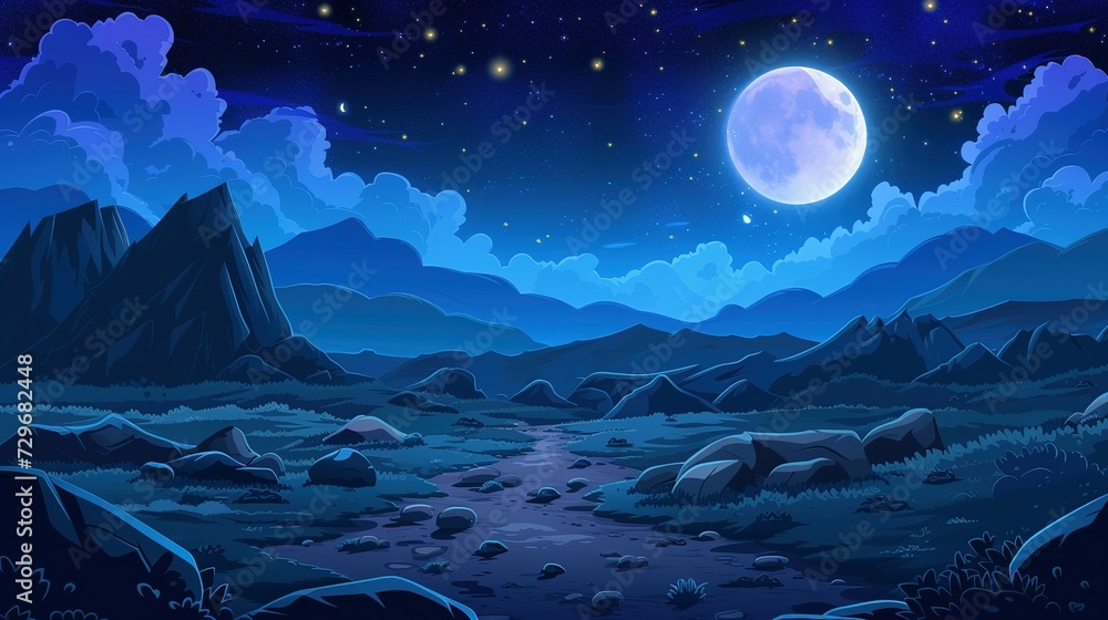 Night mountain landscape with path leading to rocky hills under starry sky with clouds and full moon. Cartoon vector illustration of dark blue dusk scenery with road and rocks under moonlight