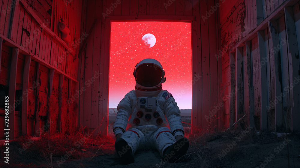 a astronaut sitting in a doorway with a red sky in the background