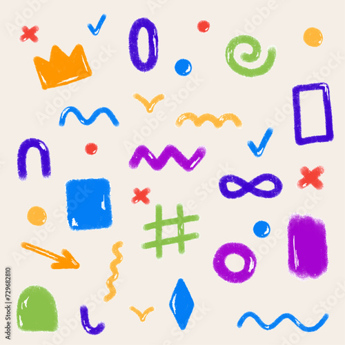 Set of fun colorful line doodle scribbles. Crayon texture illustration. Creative style art for children. Trendy design with basic shapes. Simple childish scribble backdrop