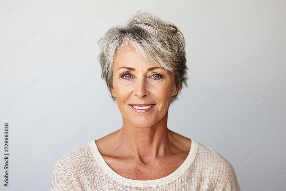 Portrait of smiling senior woman with grey hair against grey background. Portrait of smiling senior woman with grey hair against grey background.