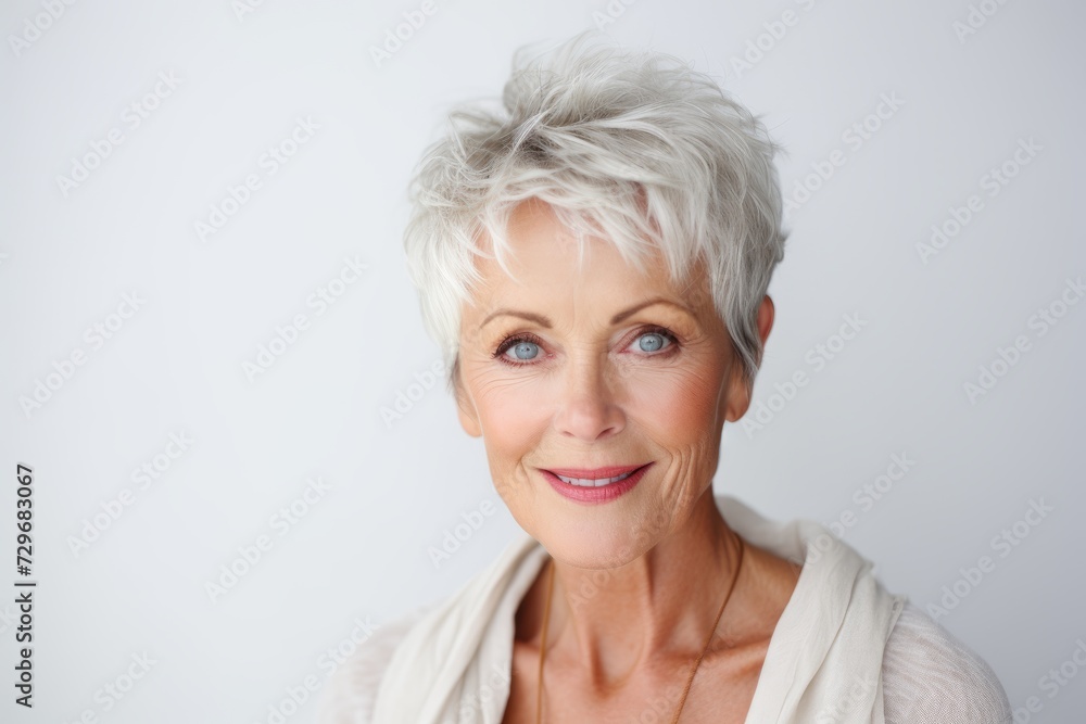 Portrait of a beautiful senior woman with short hair against grey background Portrait of a beautiful senior woman with short hair against grey background