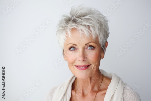 Portrait of a beautiful senior woman with short hair against grey background