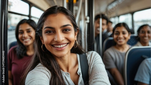 Group selfie with a joyful young Indian woman in casual attire, surrounded by smiling friends on a bus.