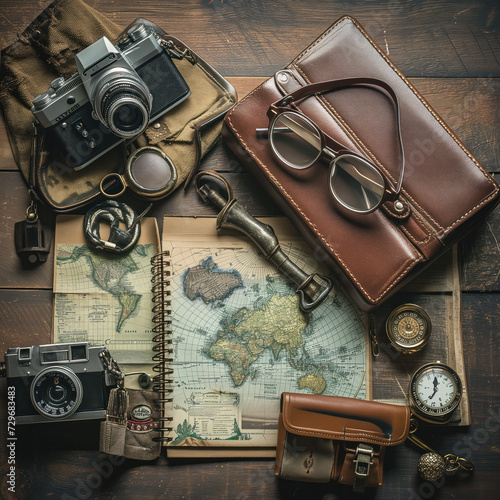 Flat lay of a messy desk, notebook and writers tools.