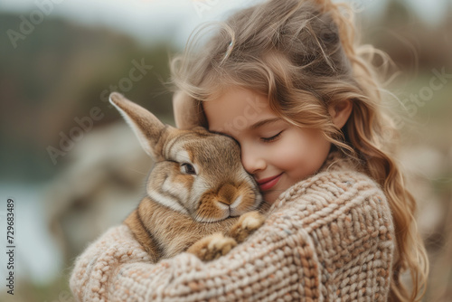 Girl with Easter bunny, adorable hug between a little girl and her fluffy pet, image for animal loving kids outdoors