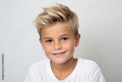 Portrait of a cute little boy with blond hair on grey background