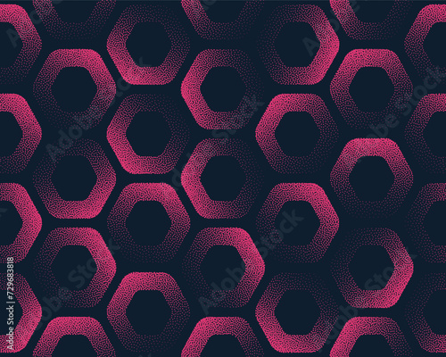 Rounded Hexagons Seamless Pattern Trend Vector Pink Black Abstract Background. Half Tone Art Illustration for Textile Print. Endless Graphic Repetitive Honeycomb Abstraction Wallpaper Dot Work Texture
