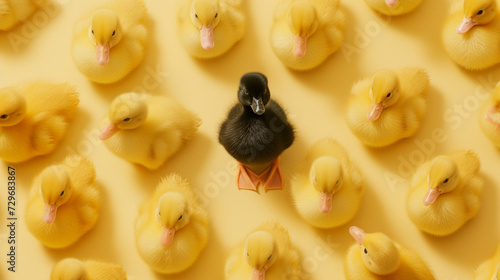 Black baby duck among a group of yellow baby ducks. Diversity, individuality and uniqueness concept. Diversity is colour, culture, wealth, exchange, growth, necessity. photo