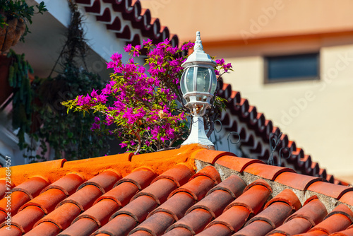 Lantern on the tiled roof of an old house with a flowers