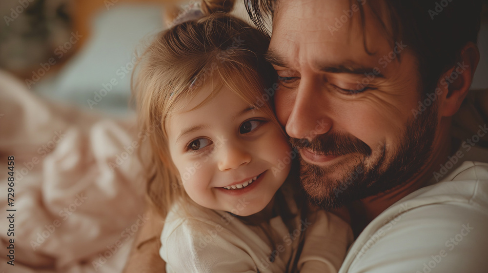 Father's comforting hug, child's quiet joy, family's tender bond, father's nurturing presence, child's calm, quintessence of family happiness, father's day concept