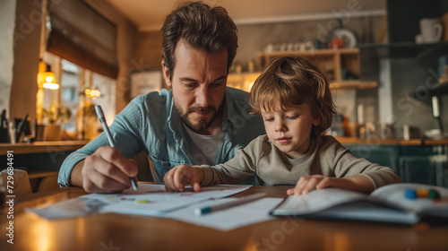 Father, child in a joyful family setting, father's warmth, family reading time, child's happiness, ideal father's day concept. photo