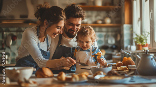 Father teaches child the joy of cooking  a warm kitchen filled with laughter and family bonding  encapsulating the happiness of fatherhood  ideal for Father s Day