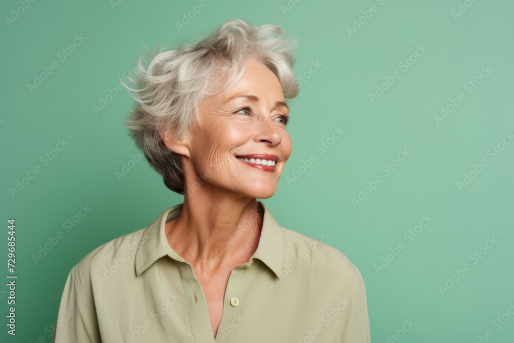 Portrait of a happy senior woman smiling at the camera over green background Portrait of a happy senior woman smiling at the camera over green background