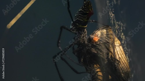 A golden Orb weaver spider is preparing a butterfly in the spider Web. photo