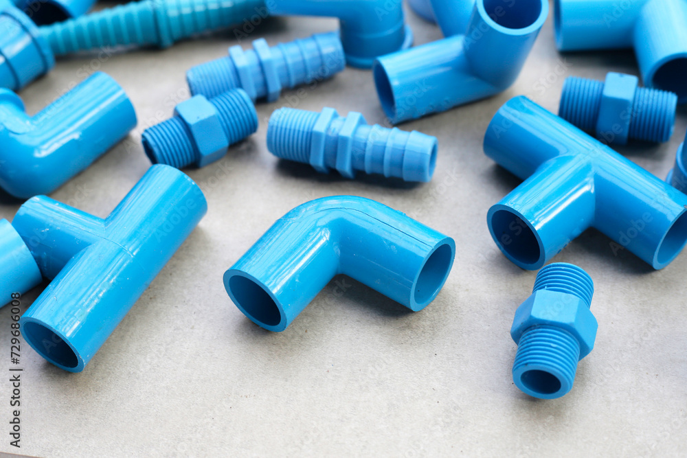 Blue pvc pipe connections for plumbing work. Blue pvc pipe connections for plumbing work.