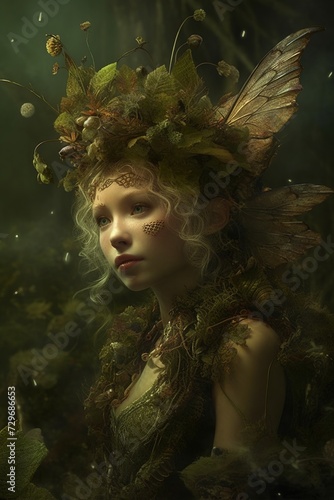 Fantasy portrait of a beautiful fairy girl with a wreath on her head 