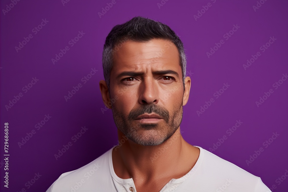 Portrait of serious mature man looking at camera and standing against purple background