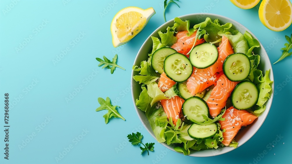 Hawaiian salmon poke salad with copy space on fresh blue background with copy space/ Hawaiian salmon poke salad with copy space on fresh blue background with copy space/