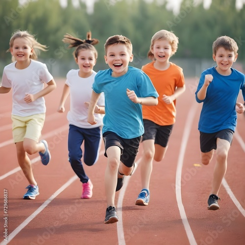 Group of children filled with joy and energy running on athletic track, children healthy active lifestyle concept