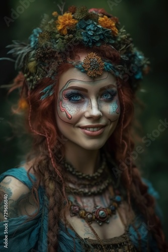 Portrait of beautiful fairy girl with creative make up and hairstyle. 