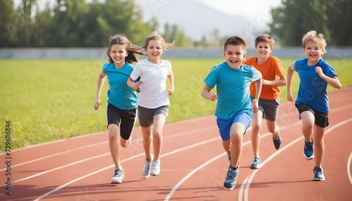 Group of children filled with joy and energy running on athletic track, children healthy active lifestyle concept © Antonio Giordano