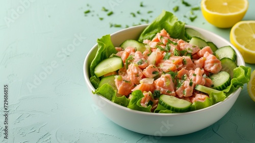Hawaiian salmon poke salad with copy space on fresh blue background with copy space/