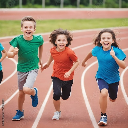 Group of children filled with joy and energy running on athletic track, children healthy active lifestyle concept