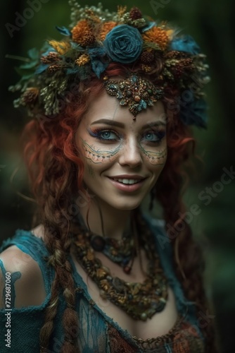 Beautiful fairy girl with creative make-up in the forest.  