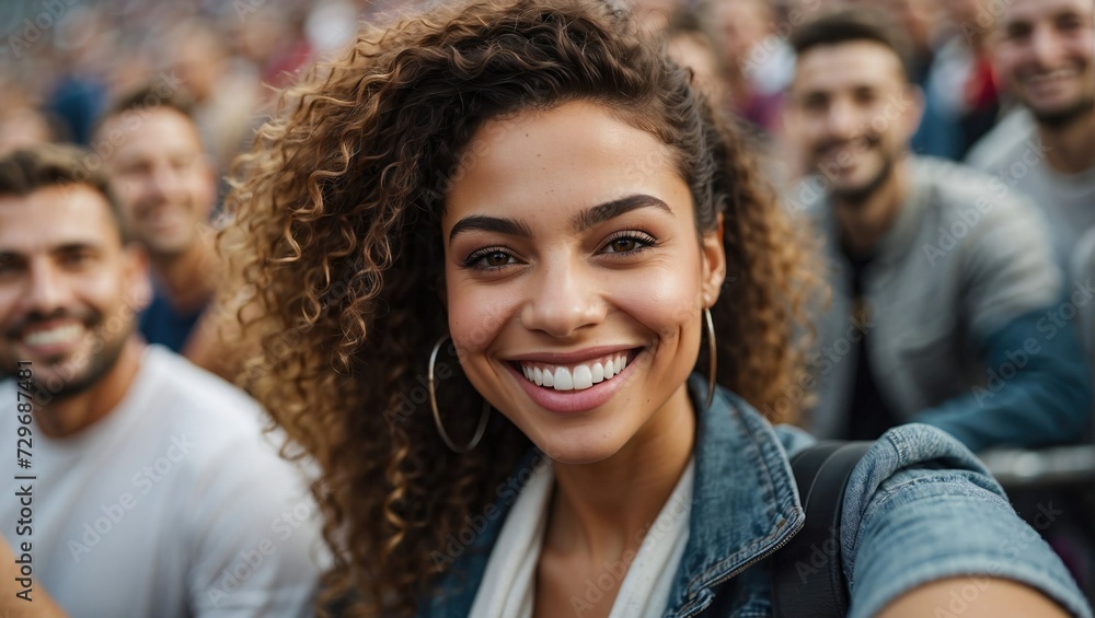 Close-up selfie of a cheerful mixed-race woman with curly hair and hoop earrings in a crowded setting.