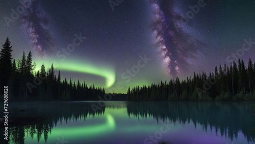 night landscape with arura borealis A night scene with a milky way and northern lights over a forest. The sky is a mix of green, purple 