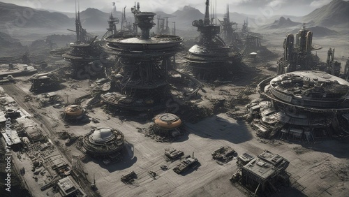  A chaotic space port with a scrap shaped structure and a junkyard.   photo