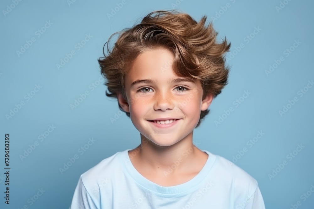 Portrait of a cute little boy smiling at camera on blue background