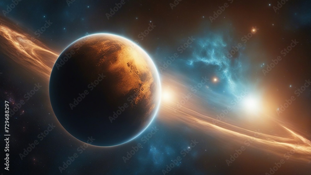 planet in space An outer space view of an alien planet and a blue nebula. planet in space An outer space view of an alien planet and a blue nebula.
