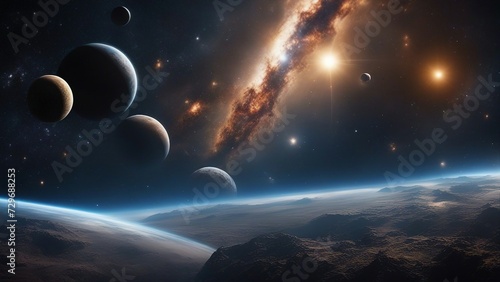 planet and space A space scene with a wide panel of outer space, showing many different stars, planets, and cloud 