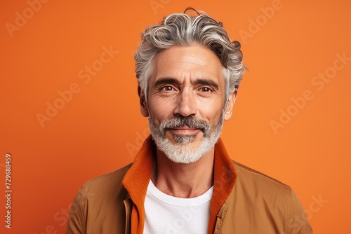 Portrait of handsome mature man with grey hair and beard. Isolated on orange background © Igor