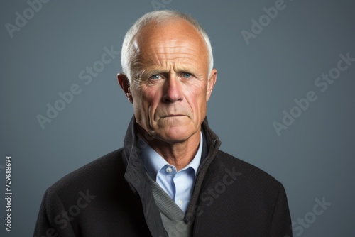 Senior man with a serious expression on his face over grey background.