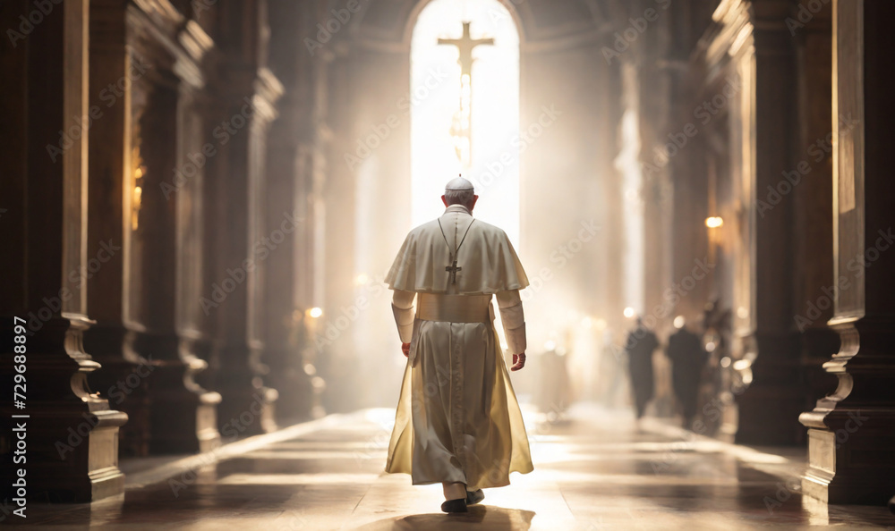 Back view of The Pope walking gracefully through the Church. Symbol of faith, reverence and hope. Blessing light shines, perfect composition, beautiful detailed , 8k photography, photorealistic , soft
