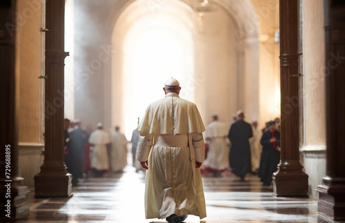 Back view of The Pope walking gracefully through the Church. Symbol of faith, reverence and hope. Blessing light shines, perfect composition, beautiful detailed , 8k photography, photorealistic , soft