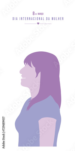  International Women's Day written in Portuguese. Purple silhouette of woman. Vertical format. Vector illustration isolated on transparent background. © Elvis
