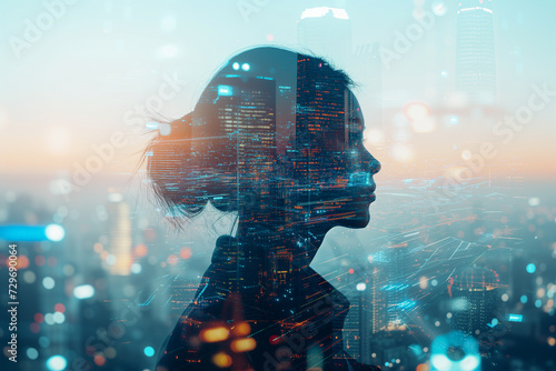 Double Exposure Image of Business Person on modern city background. Future business and communication technology concept. Surreal futuristic cityscape and abstract multiple exposure interface. uds photo