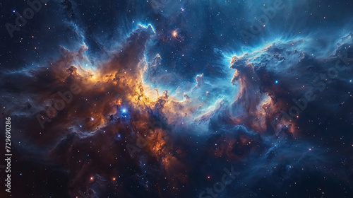 A mesmerizing nebula cradles newborn stars  with interstellar clouds swirling in a dance of creation.