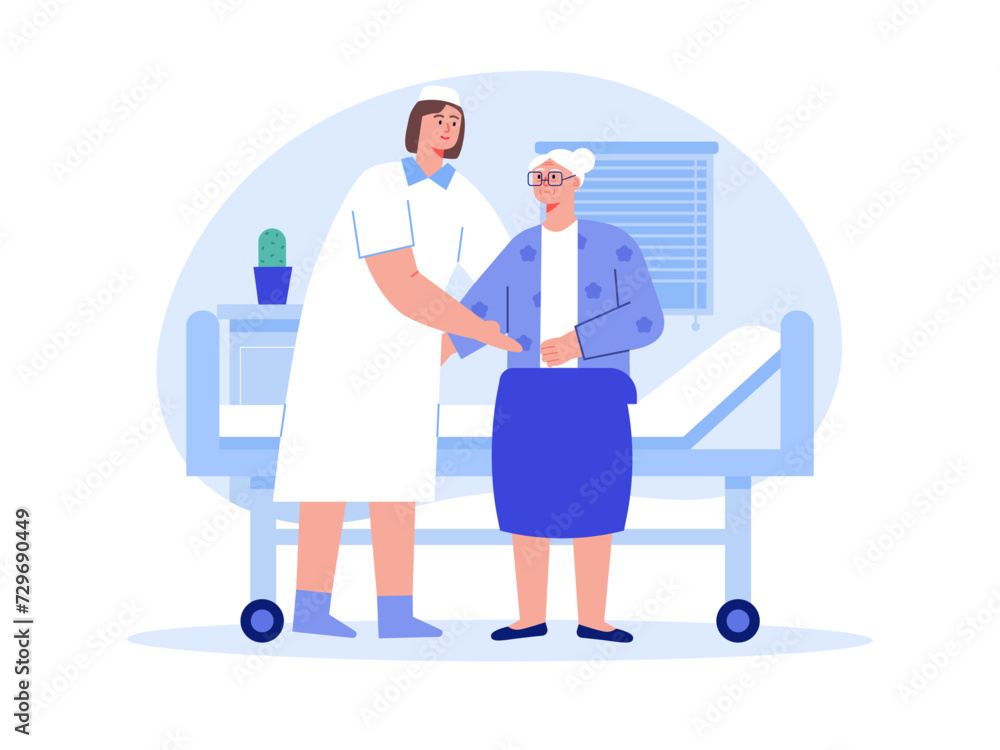 Nurde helping aged woman. Nursing home vector illustration.