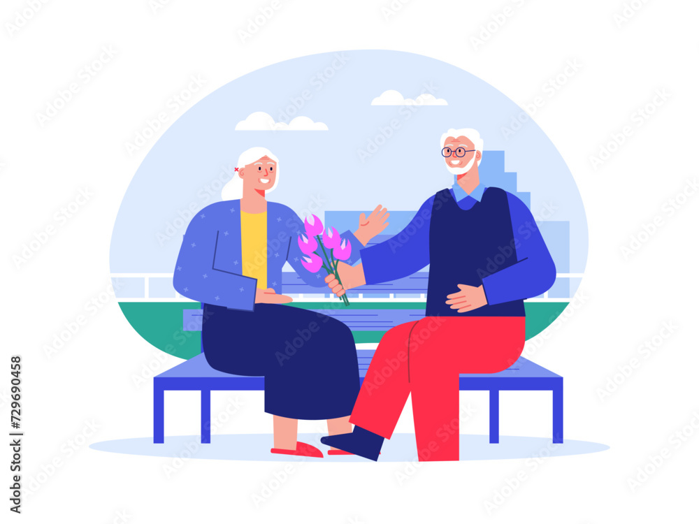 Aged man giving flower to aged woman. Nursing home vector illustration.