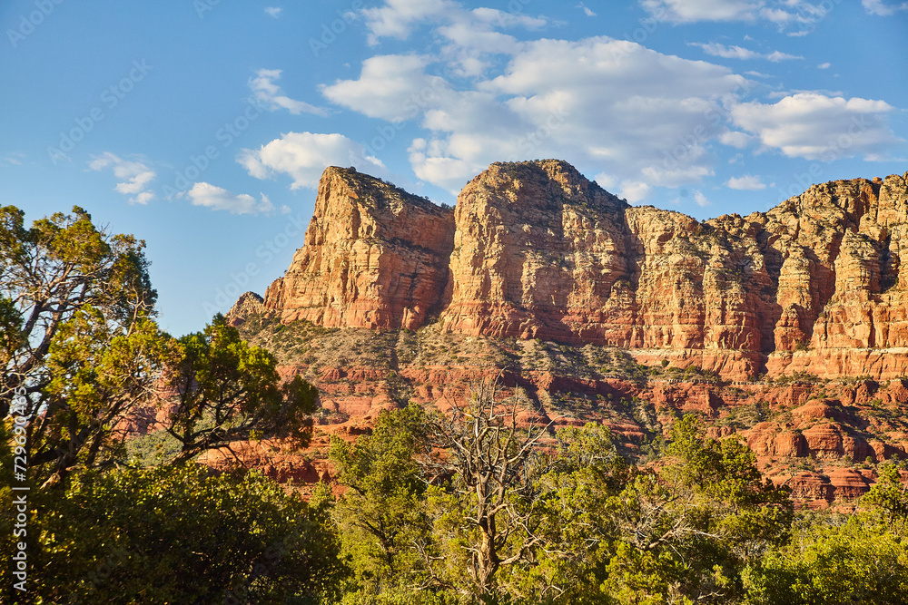 Sedona Red Rock Formations with Lush Greenery and Cloudy Skies