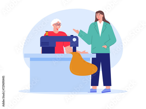 Aged woman using sewing machine. Nursing home vector illustration. photo