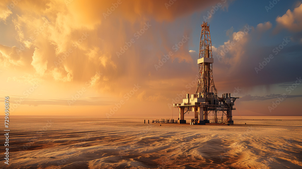 An oil rig stands tall amidst a vast desert landscape under a golden sunset, highlighting energy industry and natural resource extraction.