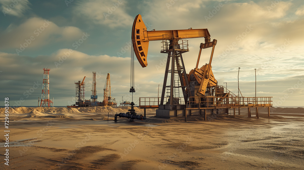 Multiple oil pump jacks and drilling rigs in a desert oil field, with dynamic sky at dusk, depicting energy industry operations. Multiple oil pump jacks and drilling rigs in a desert oil field, with dynamic sky at dusk, depicting energy industry operations.