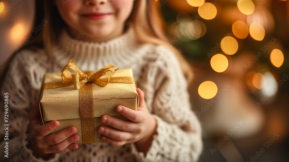 Close-up of a young girl's hands gently holding a golden-wrapped gift box, with warm festive lights blurred in the background. Close-up of a young girl's hands gently holding a golden-wrapped gift box, with warm festive lights blurred in the background.