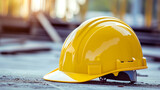 A solitary yellow safety helmet rests on the gritty floor of a construction site, highlighting workplace safety and preparation.